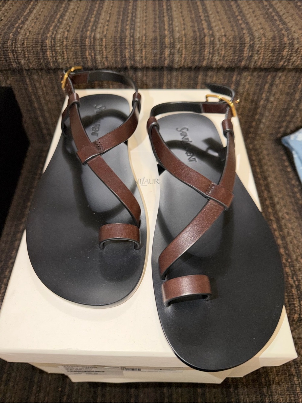 Saint Laurent Brown and Black Leather Crisscross Toe-Ring Sandals